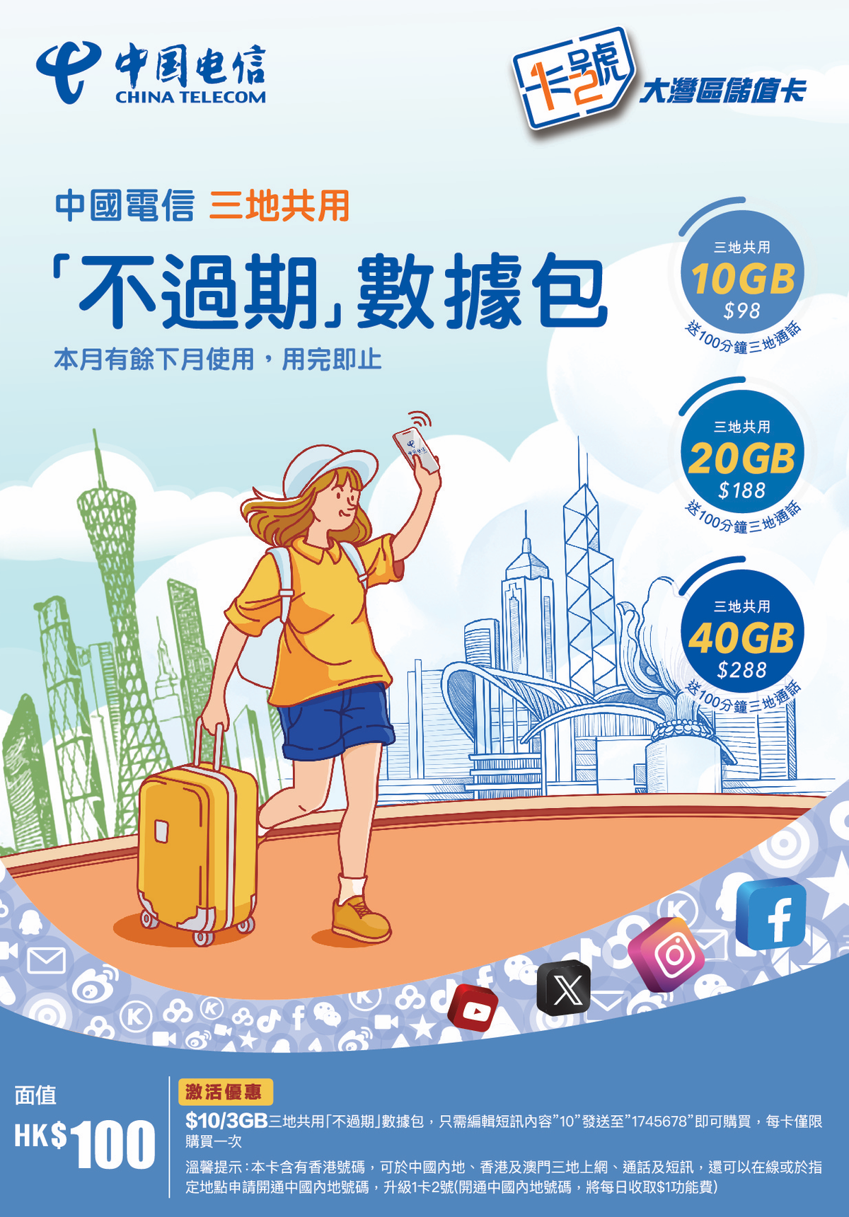 中國電信 - 不過期數據 【內地、澳門及香港三地共用】4G(10GB) 大灣區儲值卡